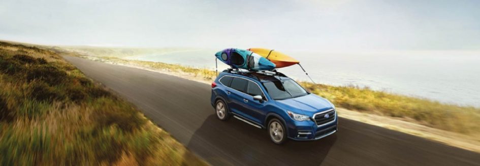 The 2019 Subaru Ascent with 2 kayaks on the roof.